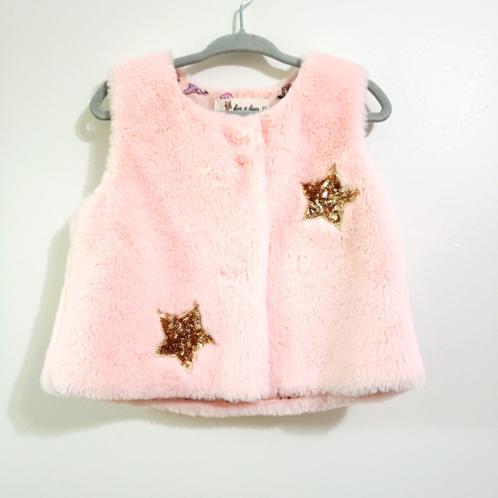 Doe a Dear Pink Faux Fur Vest Sequin Stars